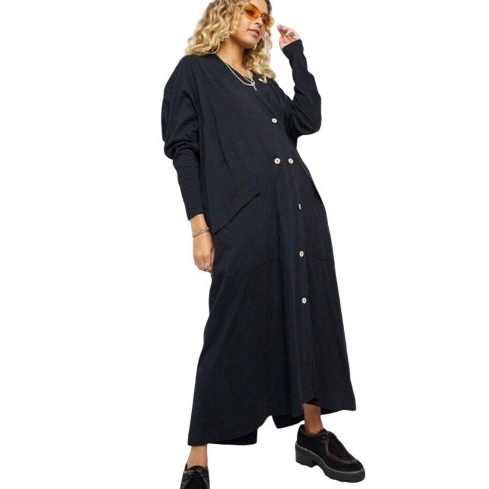 Free People Intimately Sz L Large Until Now Black Long Maxi Cardigan Shirt Dress